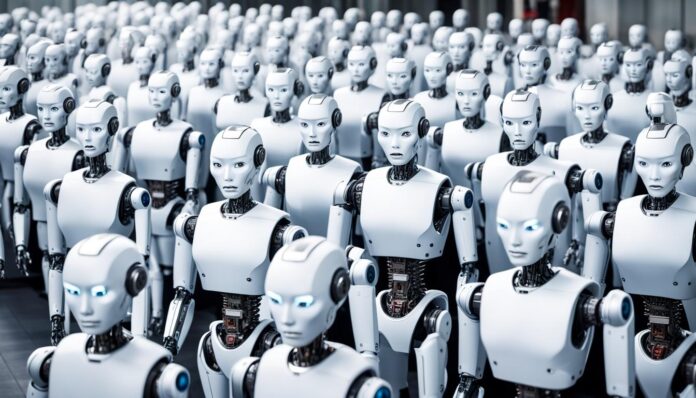 China visa produção em massa rápida de robôs humanóides inteligentes.