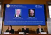 Os vencedores do Nobel da Física foram anunciados pela Academia Real Sueca de Ciências em Estocolmo. Crédito: Jonathan Nackstrand/AFP via Getty