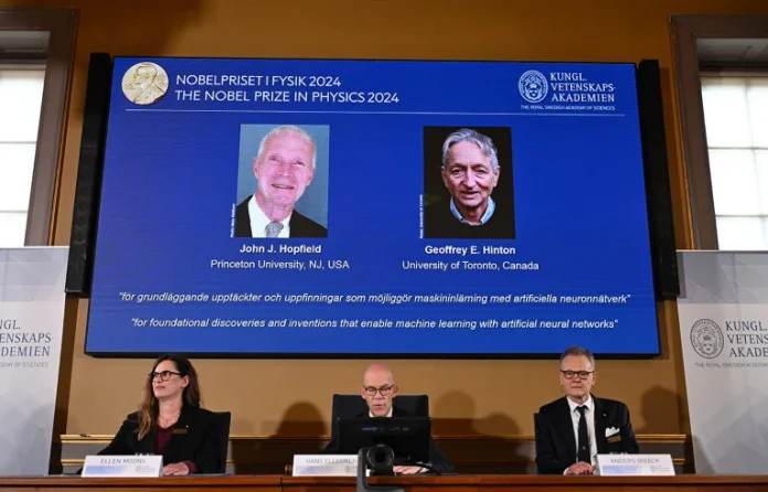 Os vencedores do Nobel da Física foram anunciados pela Academia Real Sueca de Ciências em Estocolmo. Crédito: Jonathan Nackstrand/AFP via Getty